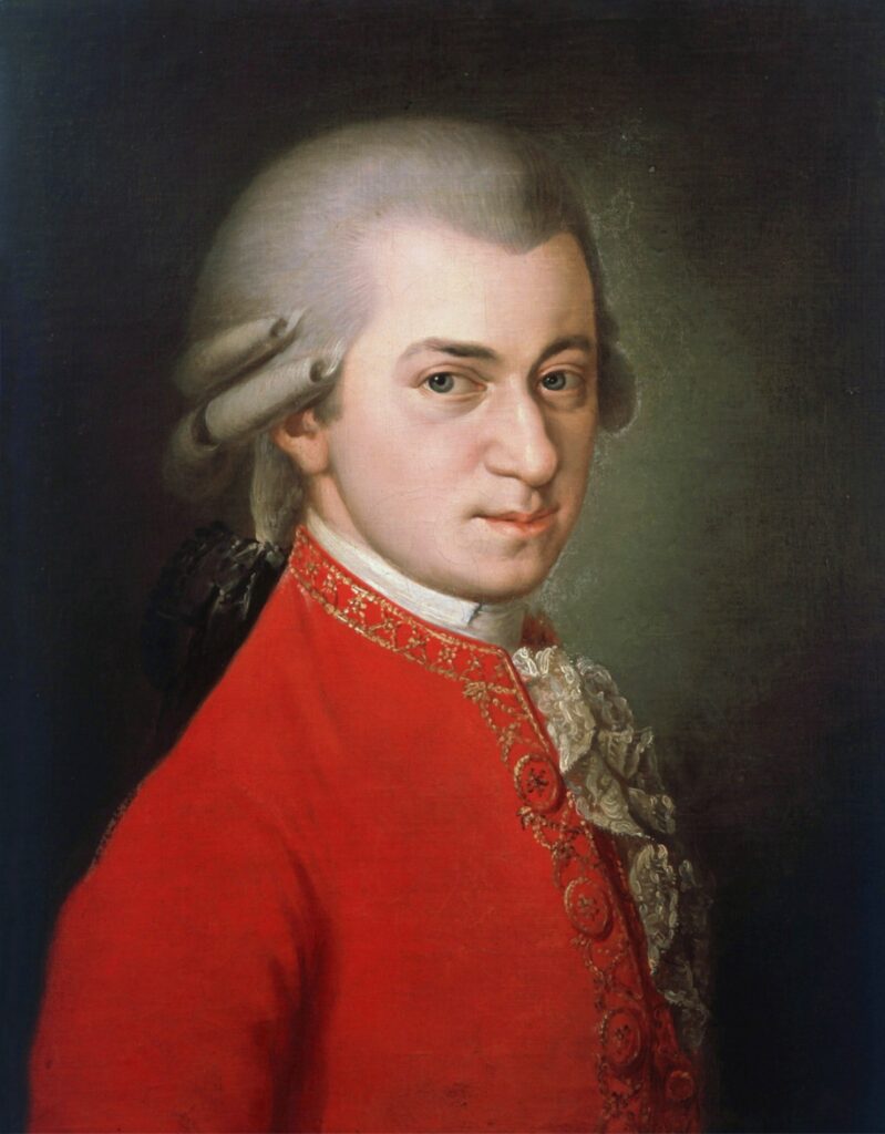 Wolfgang Amadeus Mozart in einem roten Frack, Ölgemälde von Barbara Krafft aus dem Jahr 1819, posthum nach Familienbildern gemalt.