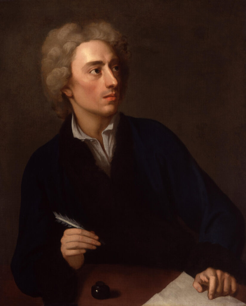 Eine Radierung von Alexander Pope aus dem 18. Jahrhundert, die den Dichter im Profil sitzend an einem Schreibtisch zeigt, den Blick nachdenklich in die Ferne gerichtet.