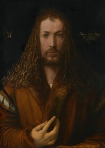 Albrecht Dürers Selbstporträt im Pelzrock aus dem Jahr 1500, das den Künstler frontal in einer Christus-ähnlichen Pose zeigt.