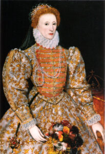 Das Armada-Porträt von Elisabeth I. um 1588. Die Königin trägt ein prunkvolles Kleid, ihre Hand ruht auf einem Globus.