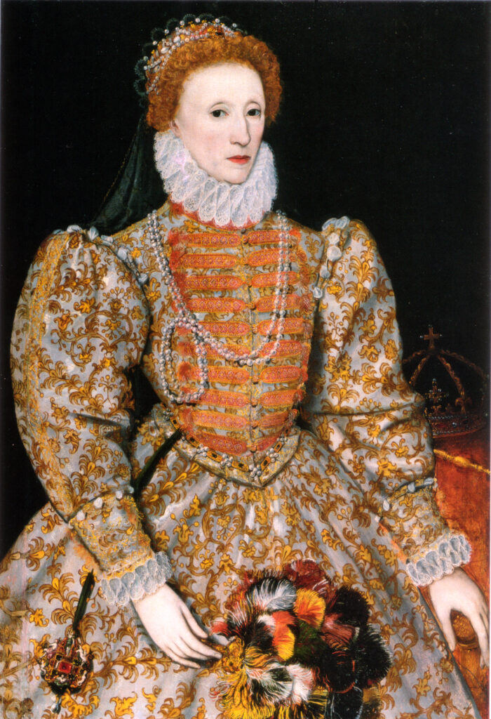 Das Armada-Porträt von Elisabeth I. um 1588. Die Königin trägt ein prunkvolles Kleid, ihre Hand ruht auf einem Globus.