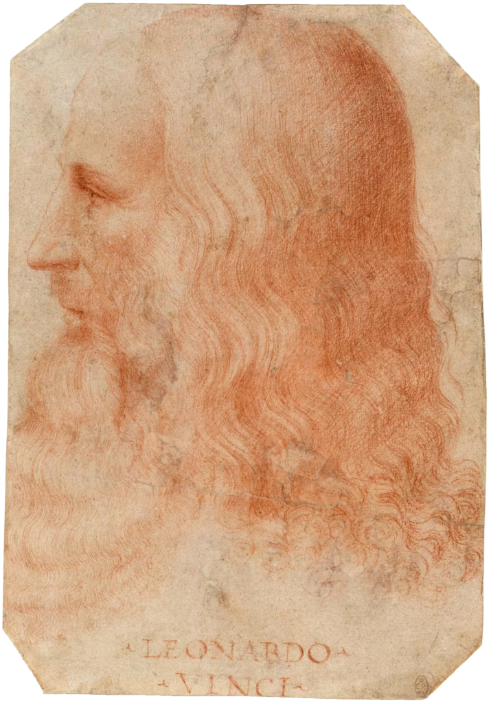 Rötelzeichnung, die als Selbstporträt Leonardo da Vincis gilt, entstanden um 1512, heute in der Biblioteca Reale in Turin.