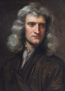 Isaac Newton in einem Porträt von Godfrey Kneller aus dem Jahr 1689, im Alter von 46 Jahren, mit langem Haar und in dunkler Kleidung.