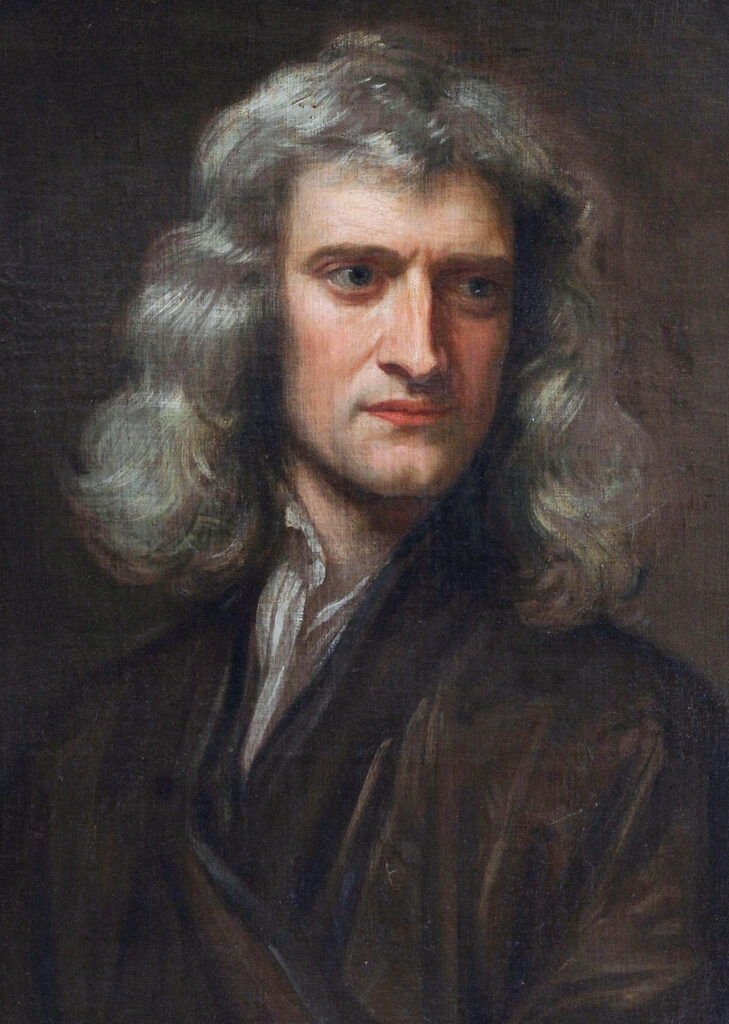 Isaac Newton in einem Porträt von Godfrey Kneller aus dem Jahr 1689, im Alter von 46 Jahren, mit langem Haar und in dunkler Kleidung.