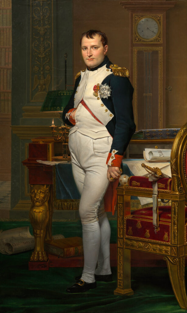 Jacques-Louis Davids berühmtes Gemälde 'Napoleon beim Übergang über die Alpen am Großen Sankt Bernhard', gemalt um 1801.
