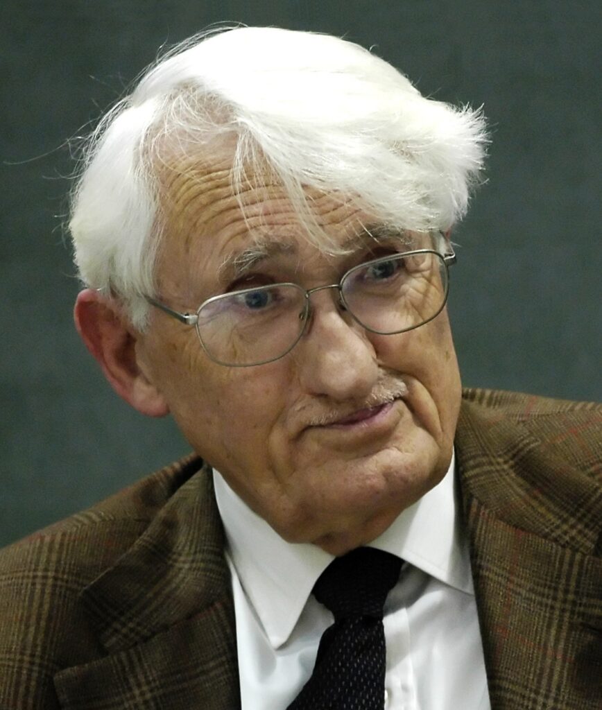 Der Philosoph Jürgen Habermas während eines Vortrags an der Universität Frankfurt, nachdenklich am Rednerpult stehend, undatierte Aufnahme um 1985.