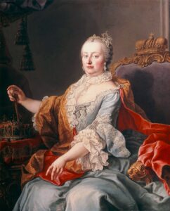 Offizielles Porträt von Maria Theresia von Österreich um 1759, gemalt von Martin van Meytens, das sie als Kaiserinwitwe in Trauerkleidung zeigt.