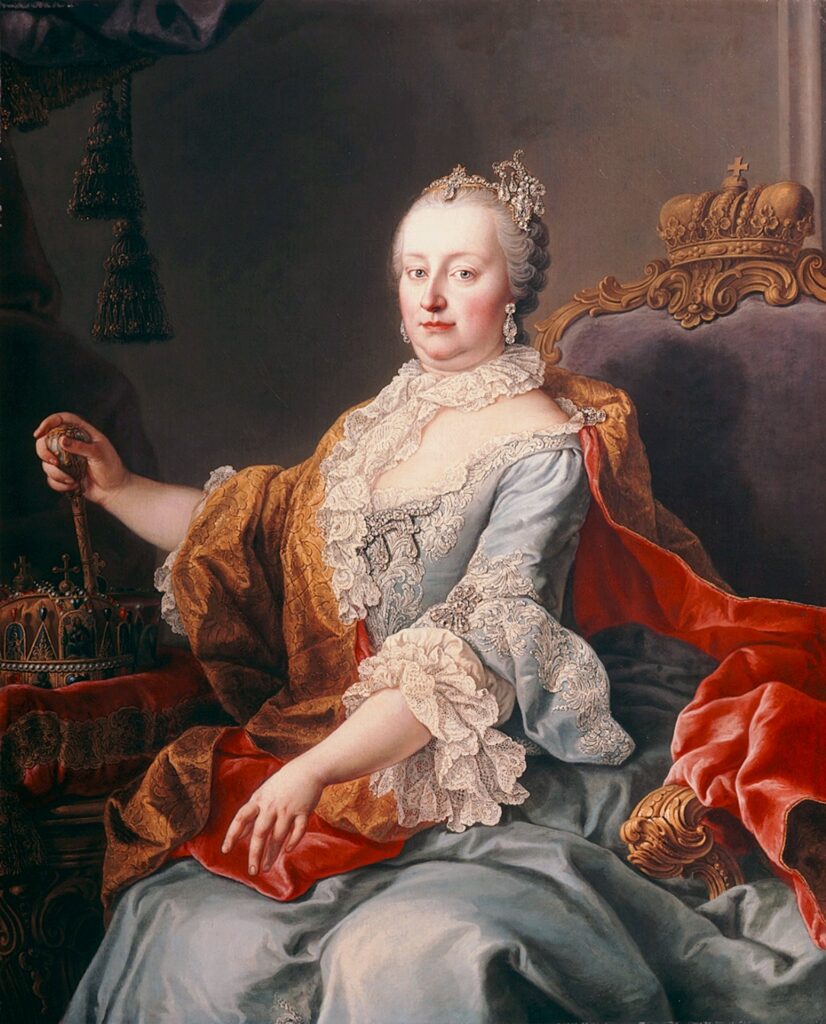 Offizielles Porträt von Maria Theresia von Österreich um 1759, gemalt von Martin van Meytens, das sie als Kaiserinwitwe in Trauerkleidung zeigt.