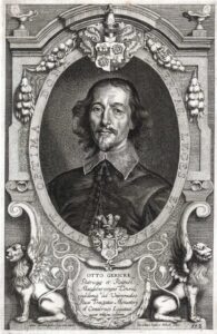 Kolorierter Kupferstich von Otto von Guericke in fortgeschrittenem Alter, mit Allongeperücke und Gelehrtenmantel, um 1670.