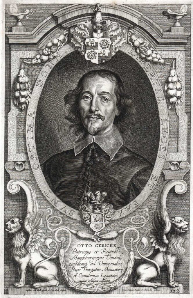 Kolorierter Kupferstich von Otto von Guericke in fortgeschrittenem Alter, mit Allongeperücke und Gelehrtenmantel, um 1670.