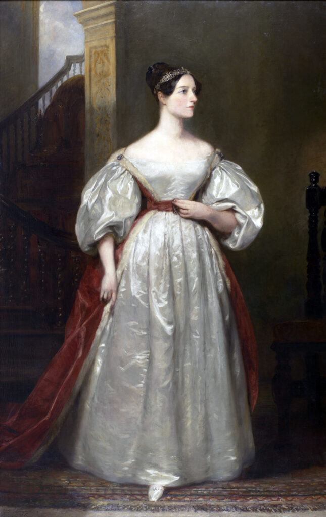 Ein Porträt von Ada Lovelace um 1840, das die Mathematikerin in einem eleganten Kleid mit nachdenklichem Blick zeigt.