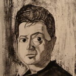 Der Maler Francis Bacon in seinem chaotischen Atelier in 7 Reece Mews, London, umgeben von Farbtuben, Leinwänden und zerrissenen Fotografien, um 1970.