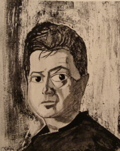 Der Maler Francis Bacon in seinem chaotischen Atelier in 7 Reece Mews, London, umgeben von Farbtuben, Leinwänden und zerrissenen Fotografien, um 1970.