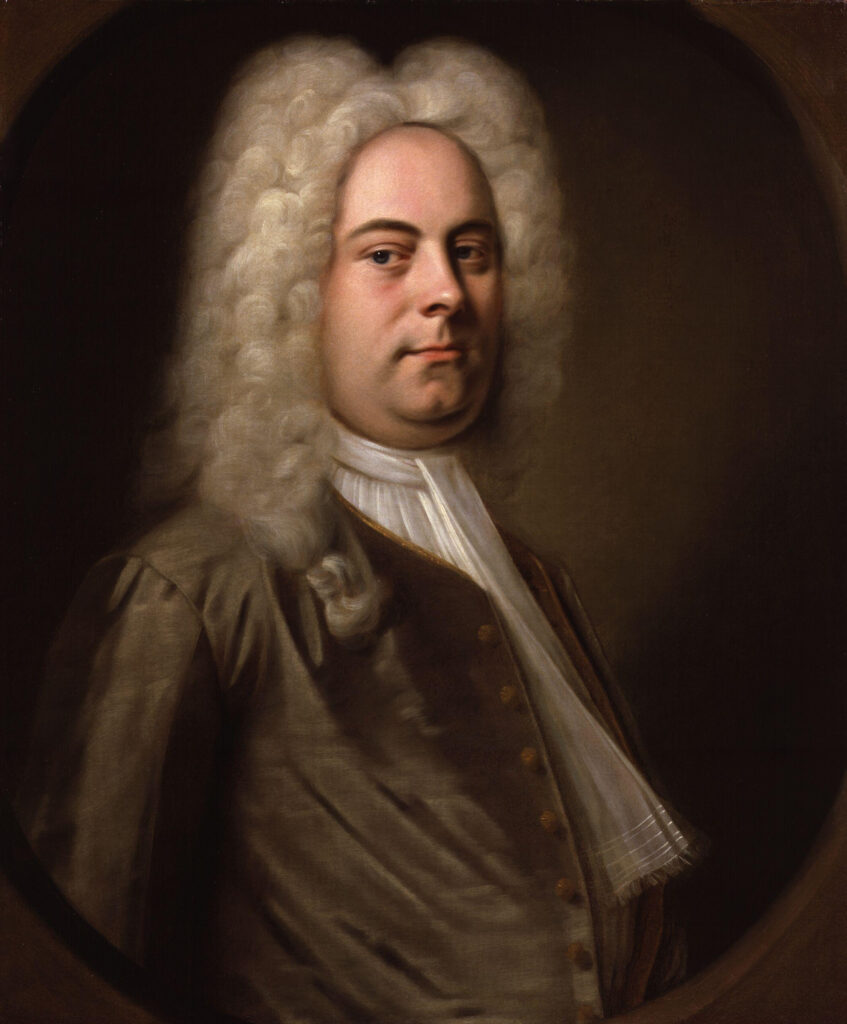 Georg Friedrich Händel in einer Porträtmalerei um 1749, mit Perücke und in dunklem Gewand, den Blick auf den Betrachter gerichtet.
