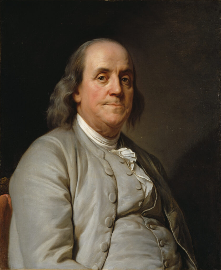 Benjamin Franklin in einem Porträt von Joseph Duplessis um 1785, das ihn als weisen Staatsmann und Denker der Aufklärung zeigt.
