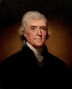 Thomas Jefferson in einem Porträt von Rembrandt Peale aus dem Jahr 1800, das ihn während seiner Zeit als Vizepräsident der Vereinigten Staaten zeigt.
