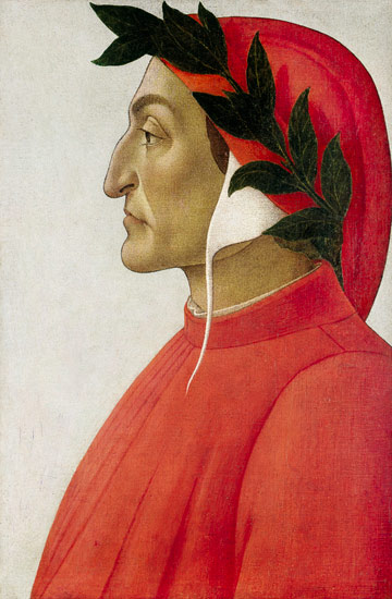 Sandro Botticelli zugeschriebenes Porträt von Dante Alighieri mit Lorbeerkranz, ein Exemplar der Divina Commedia haltend.