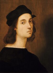 Selbstporträt von Raffaello Sanzio da Urbino, um 1506, Öl auf Holz, das den jungen Künstler in Dreiviertelansicht mit schwarzem Barett und ernstem Blick zeigt.