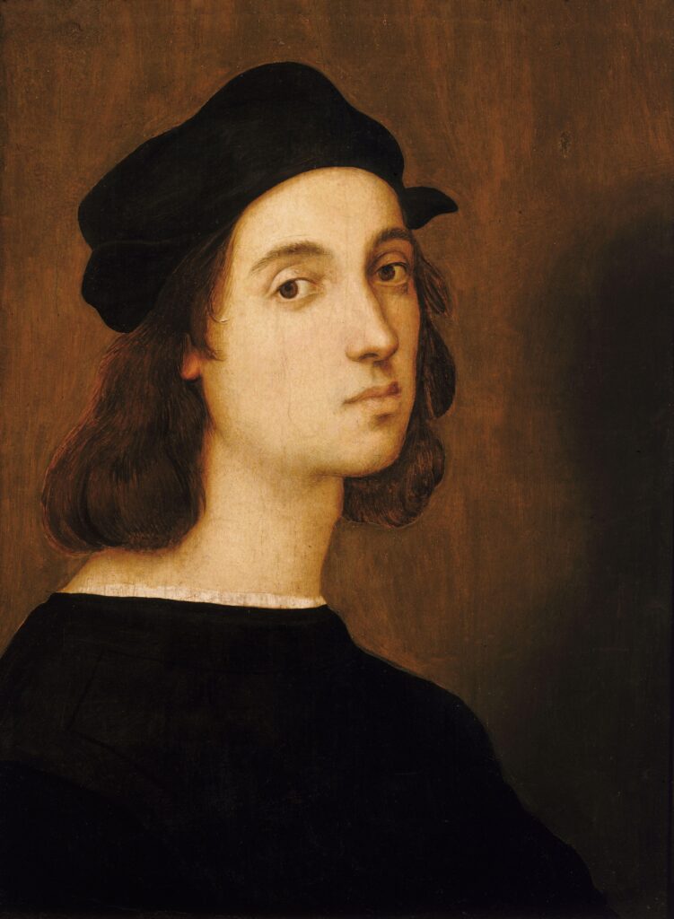 Selbstporträt von Raffaello Sanzio da Urbino, um 1506, Öl auf Holz, das den jungen Künstler in Dreiviertelansicht mit schwarzem Barett und ernstem Blick zeigt.