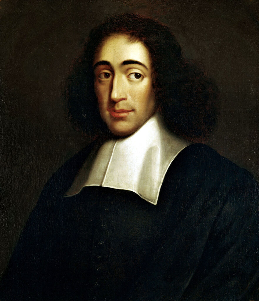 Ein Porträt von Baruch de Spinoza aus dem 17. Jahrhundert, das den Denker im Profil mit nachdenklichem Blick und langem Haar zeigt.