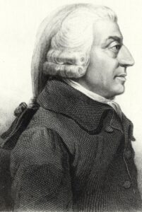 Eine zeitgenössische Porträt-Gravur von Adam Smith, die den schottischen Philosophen im Profil mit Perücke zeigt, um 1787.
