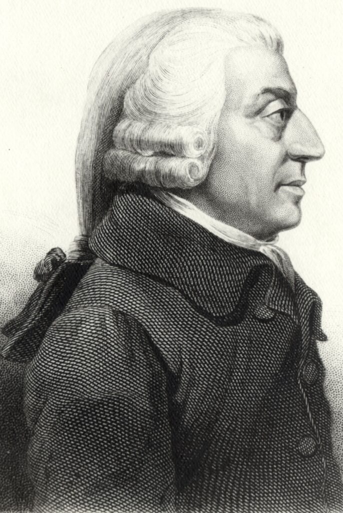 Eine zeitgenössische Porträt-Gravur von Adam Smith, die den schottischen Philosophen im Profil mit Perücke zeigt, um 1787.