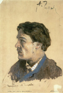 Anton Tschechow in einer undatierten Studioaufnahme um 1898, der russische Schriftsteller und Dramatiker blickt nachdenklich in die Kamera.