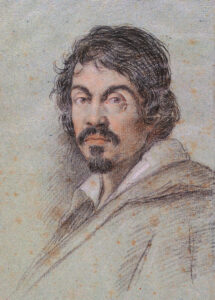 Detail aus dem Selbstporträt von Caravaggio als Bacchus, um 1593, das den jungen Künstler mit grünlicher Hautfarbe und einem Efeukranz im Haar zeigt.