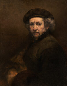 Selbstporträt von Rembrandt Harmenszoon van Rijn aus dem Jahr 1659, das den Künstler im fortgeschrittenen Alter mit nachdenklichem Blick und in Arbeitskleidung zeigt.