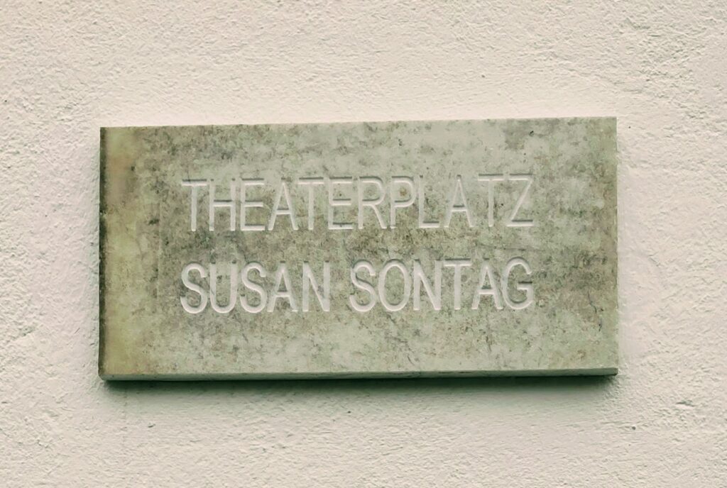 Die amerikanische Schriftstellerin Susan Sontag bei einer Lesung in den 1970er-Jahren, mit ernstem Blick und ihrer charakteristischen dunklen Haarsträhne.