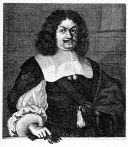 Kupferstich-Porträt von Andreas Gryphius aus dem 17. Jahrhundert, das den Dichter in nachdenklicher Pose mit Gelehrtenkleidung zeigt.