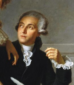 Eine Porträtzeichnung von Antoine Lavoisier in seinem Labor, umgeben von chemischen Apparaturen, gemalt um 1788 von Jacques-Louis David.