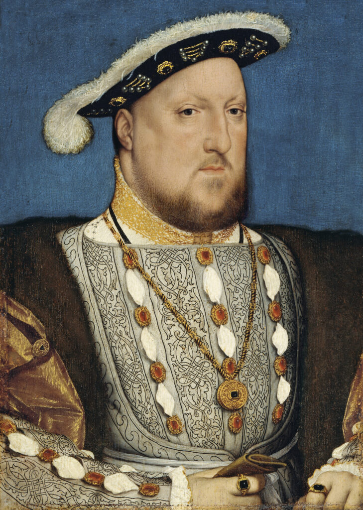 Heinrich VIII. in königlichem Ornat, Porträt von Hans Holbein dem Jüngeren um 1540, das seine imposante Statur und Machtfülle zeigt.