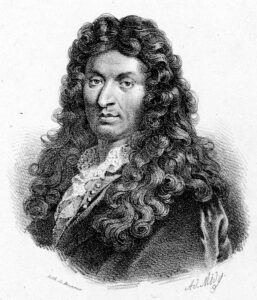 Jean-Baptiste Lully, porträtiert auf einem zeitgenössischen Ölgemälde mit Partitur und einem langen Taktstock, um 1680.