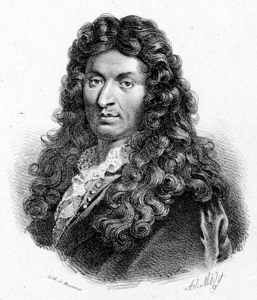 Jean-Baptiste Lully, porträtiert auf einem zeitgenössischen Ölgemälde mit Partitur und einem langen Taktstock, um 1680.