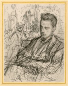 Der Dichter Rainer Maria Rilke in einer undatierten Porträtaufnahme um 1906, nachdenklich blickend, in dunklem Anzug mit Stehkragen.