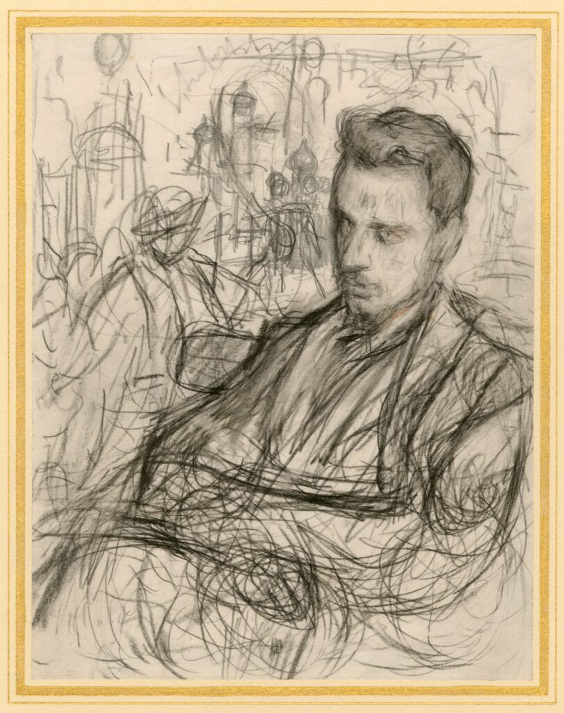 Der Dichter Rainer Maria Rilke in einer undatierten Porträtaufnahme um 1906, nachdenklich blickend, in dunklem Anzug mit Stehkragen.