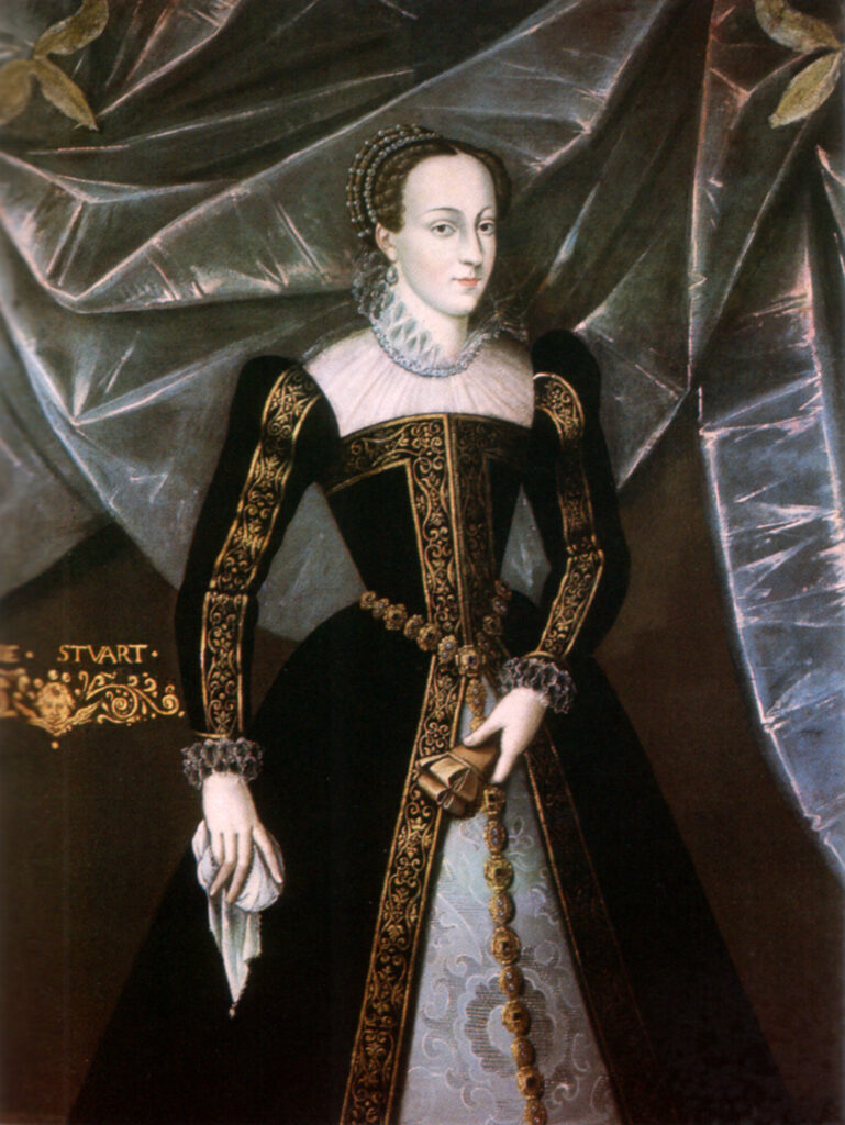 Maria Stuart in einem zeitgenössischen Porträt, um 1559, gekleidet in höfische französische Mode mit Perlen und besticktem Kragen.