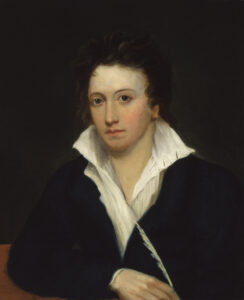 Percy Bysshe Shelley in einem Porträt von Alfred Clint, um 1819, das den Dichter der englischen Romantik in nachdenklicher Pose zeigt.