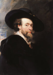Selbstporträt von Peter Paul Rubens um 1623, das den Künstler als selbstbewussten Gelehrten und Hofmaler in dunkler Kleidung zeigt.