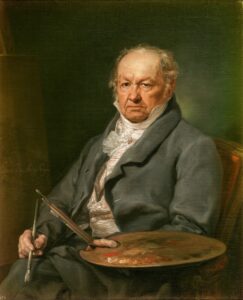 Selbstporträt von Francisco Goya aus dem Jahr 1815, das den Künstler im Alter von 69 Jahren mit ernstem Blick und dunklem Mantel zeigt.